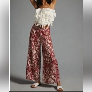 Anthropologie Red and White Patterned Wide-Leg Linen blend Somerset Pants size S